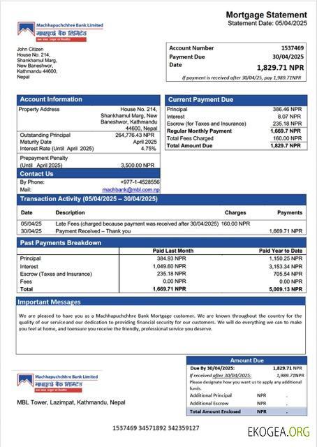 Modèle Word et PDF de relevé hypothécaire de la Machhapuchchhre Bank du Népal